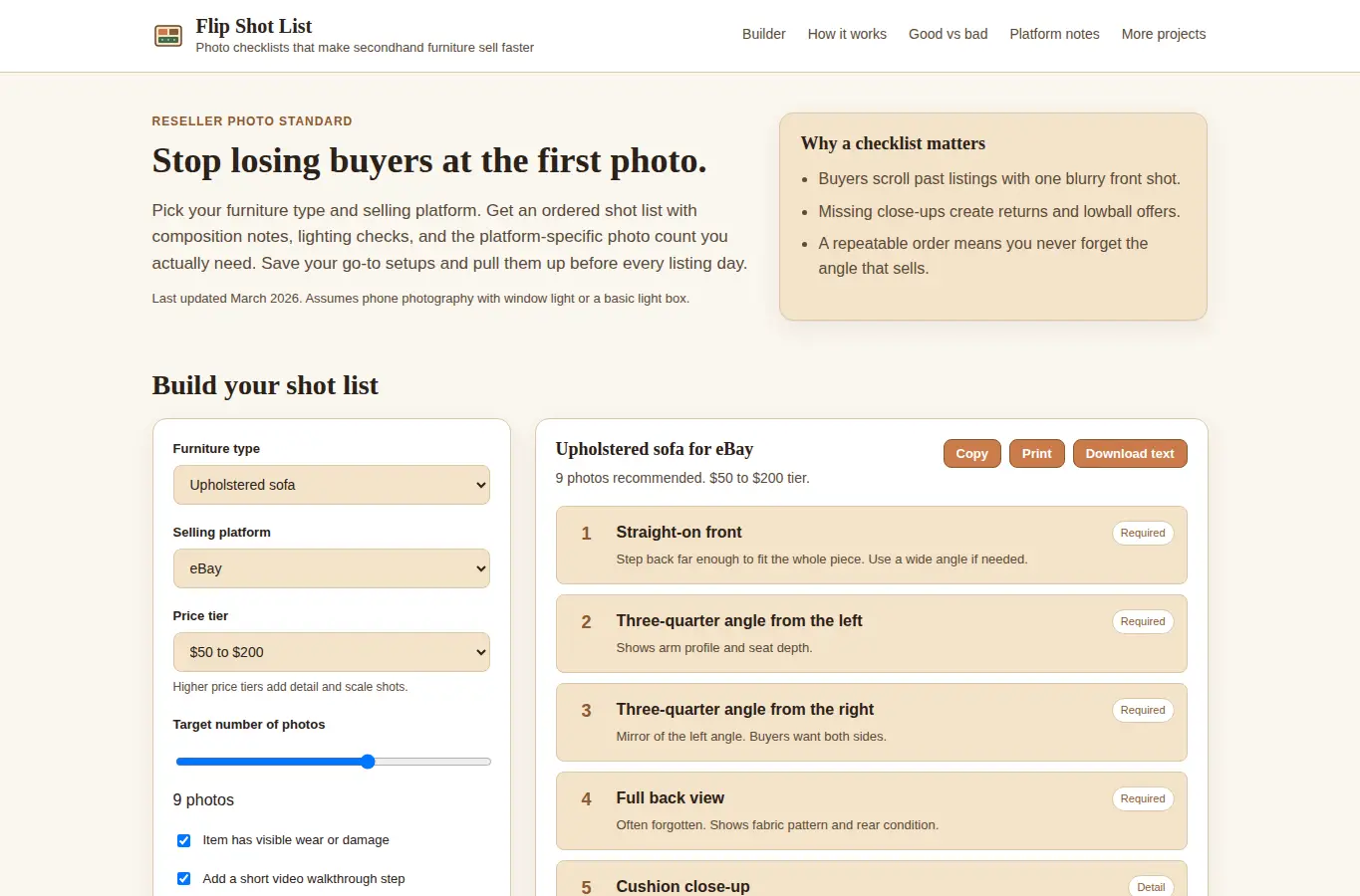 Screenshot of Thrifted Furniture Flip Staging Photo Checklist interface showing the project page in use